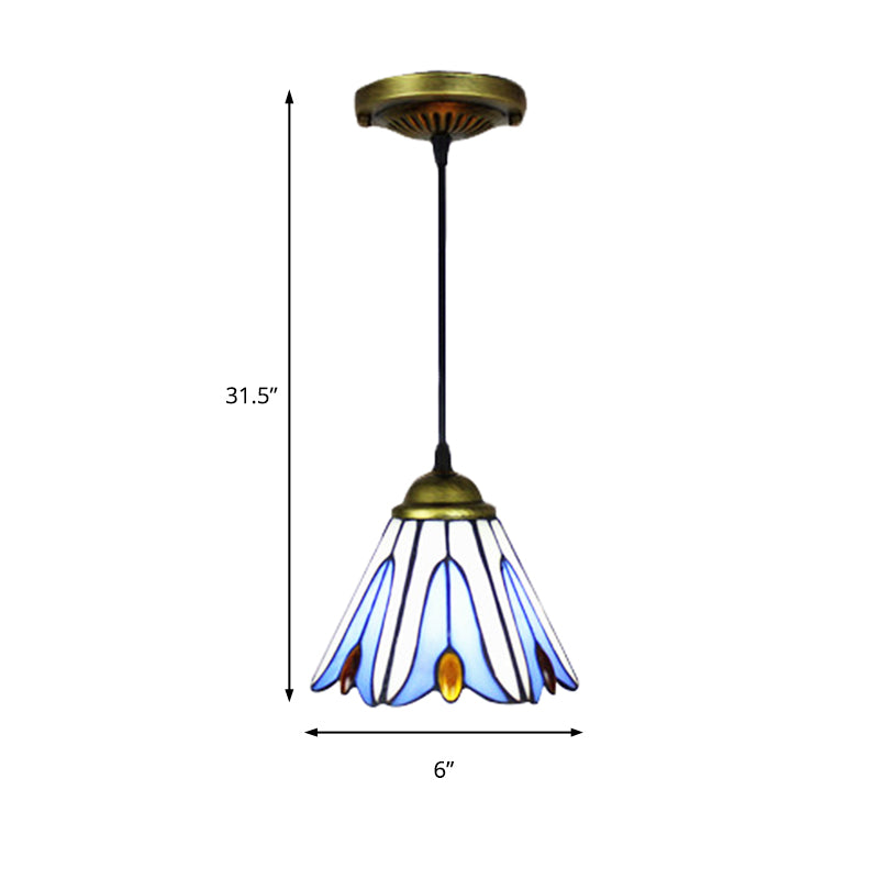 Tiffany-Style Handcrafted Blue Art Glass Pendant Ceiling Lamp with Flower Pattern - Wide Flare, 1 Bulb