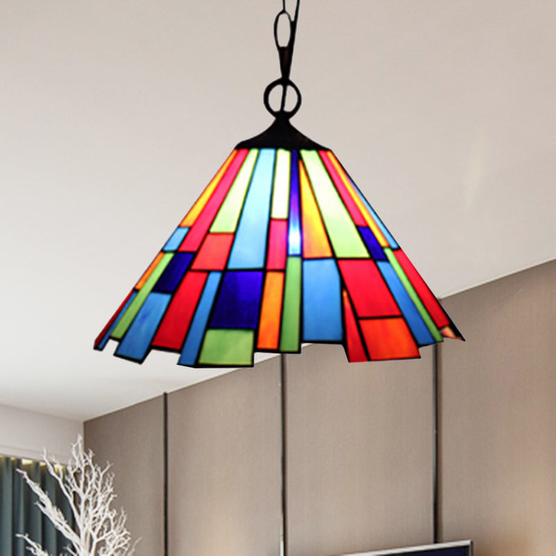 Lampe suspendue conique en vitrail Tiffany - Suspension de plafond noire pour salle à manger (largeur 12"/16")