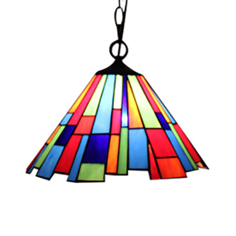 Lampe suspendue conique en vitrail Tiffany - Suspension de plafond noire pour salle à manger (largeur 12"/16")