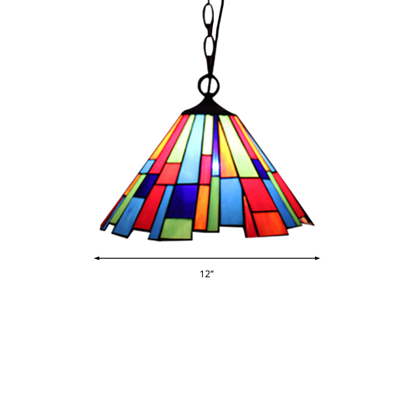 Lampe suspendue conique en vitrail Tiffany - Suspension de plafond noire pour salle à manger (largeur 12"/16")