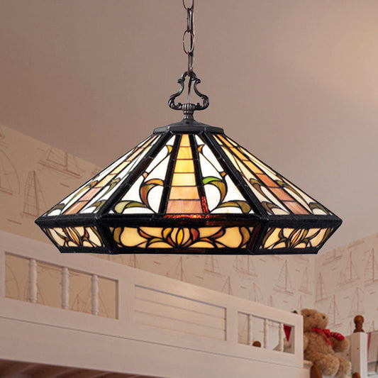 Tiffany Beige Geometric Stained Glass Pendant Ceiling Light for Bedroom