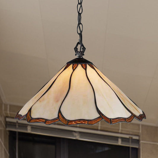 Beige Stained Glass Tiffany-Style Pendant Light for Bedroom 1-Bulb Flared Hanging Design