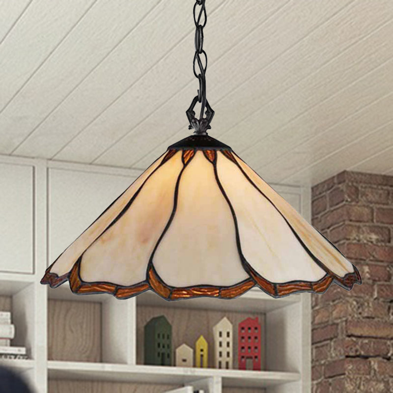 Tiffany-Style Beige Stained Glass Pendant Light For Bedroom - Flared Hanging Ceiling Fixture With 1