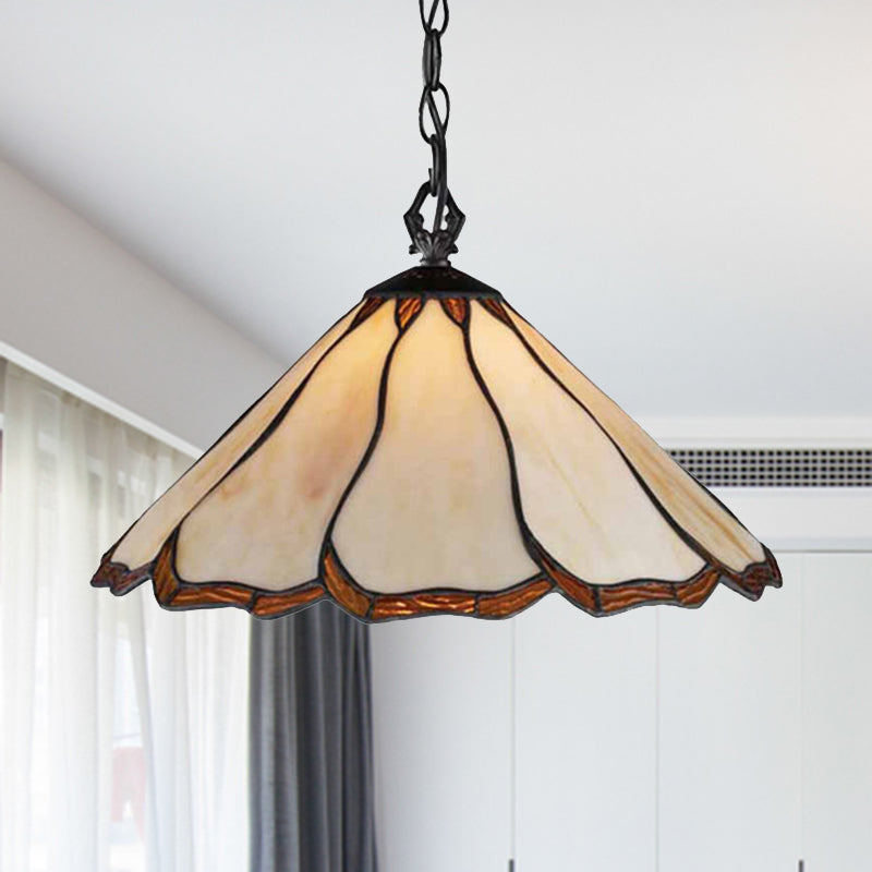 Tiffany-Style Beige Stained Glass Pendant Light For Bedroom - Flared Hanging Ceiling Fixture With 1