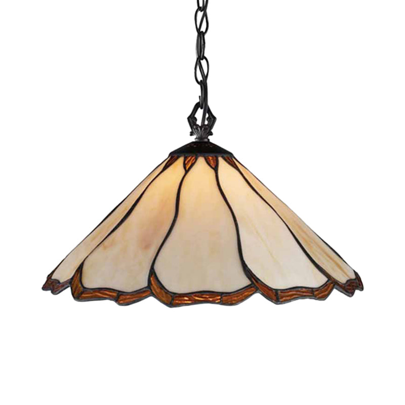Tiffany-Style Beige Stained Glass Pendant Light For Bedroom - Flared Hanging Ceiling Fixture With 1
