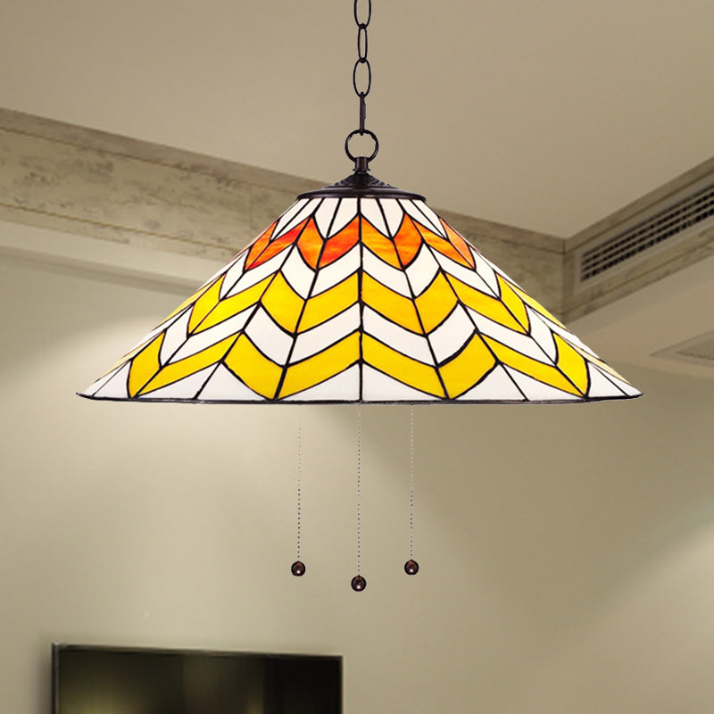 16"/18" W Single Head Conical Pendant Light in Tiffany-Style Orange and Yellow for Bedroom