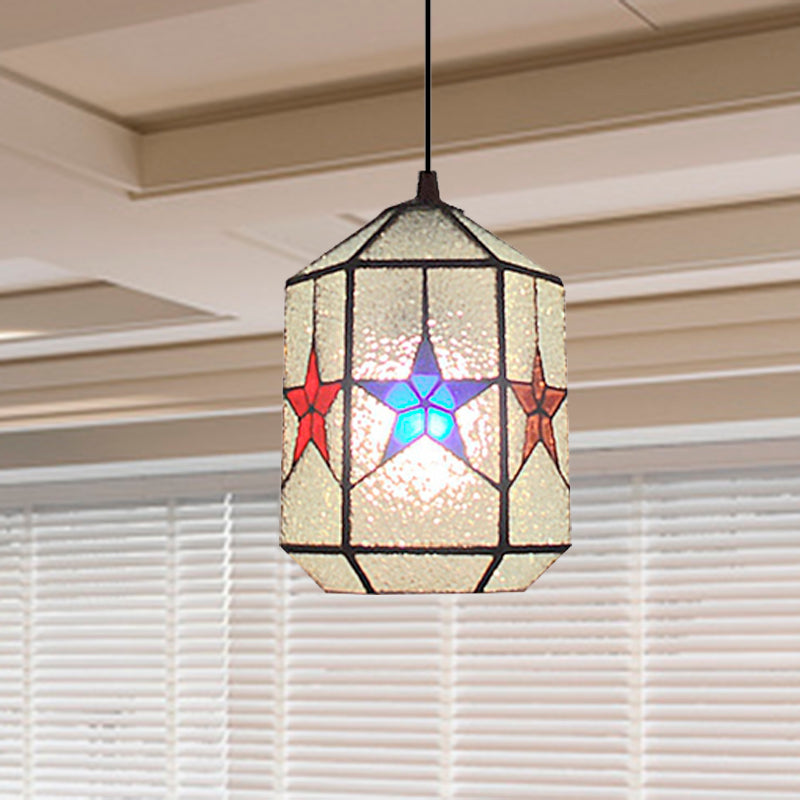 Stylish Star Design Pendant Ceiling Light - White/Clear Tiffany Art Glass, Stainless, 1-Light