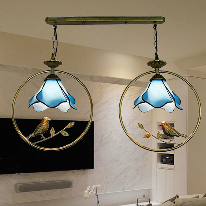 Lampe à suspension Tiffany Blossom avec petit oiseau en verre bleu - Parfait pour la décoration de la cuisine