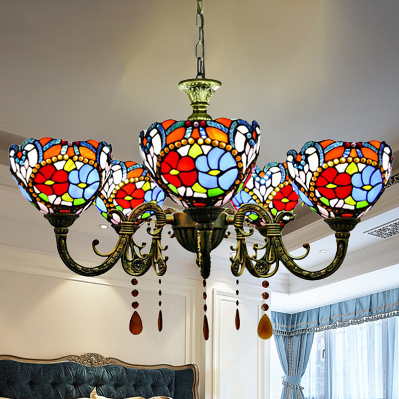 Rustic Vintage Floral Chandelier With Adjustable Chain - Stained Glass Hanging Light
