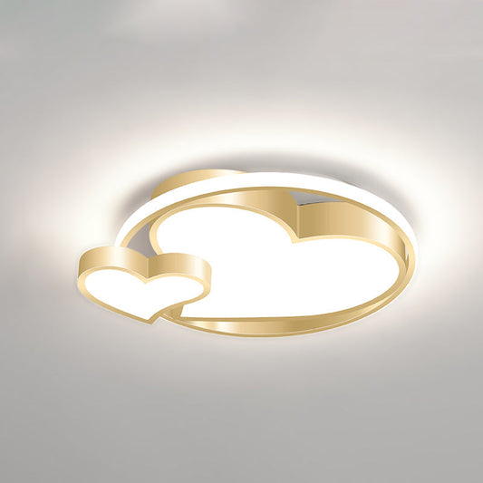 Golden Metal Flush Mount Ceiling Light with Double Heart Design for Modern Bedroom Lighting