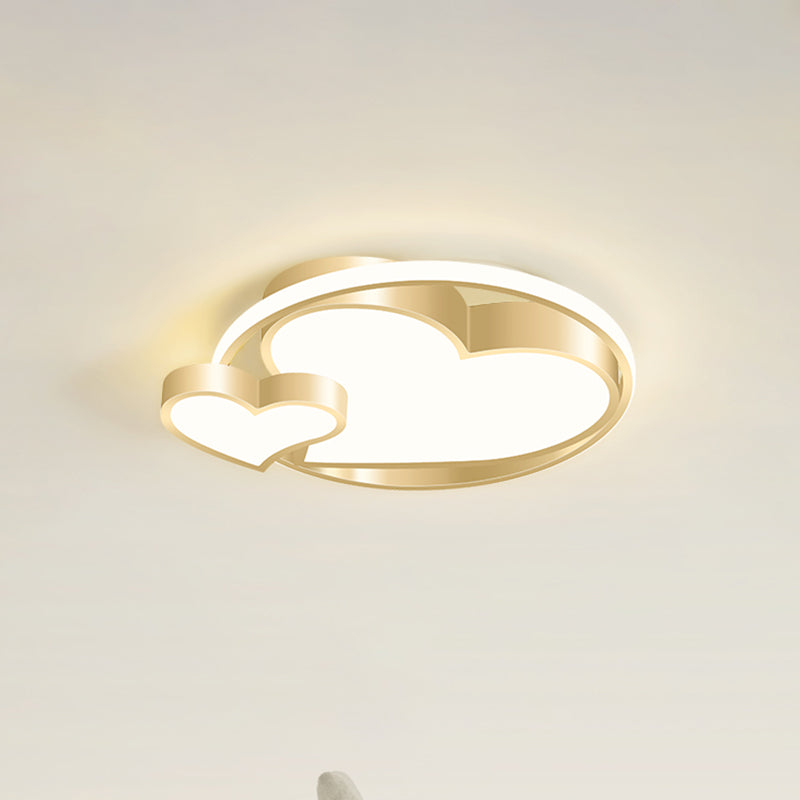 Golden Metal Flush Mount Ceiling Light with Double Heart Design for Modern Bedroom Lighting
