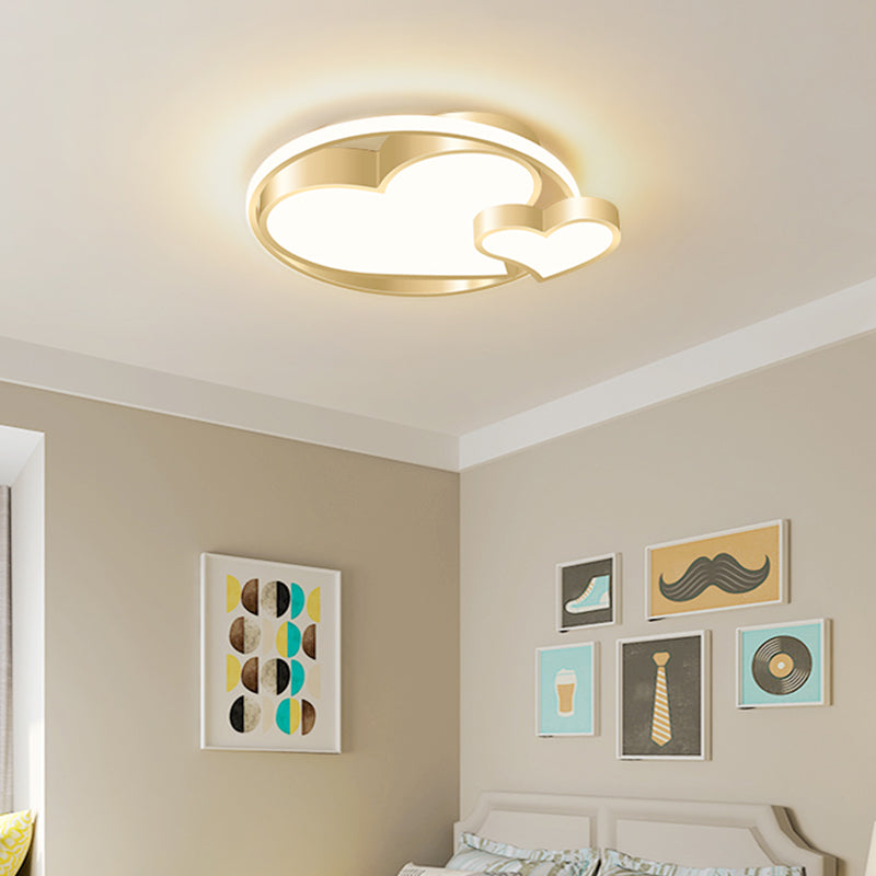 Golden Metal Flush Mount Ceiling Light with Double Heart Design for Modern Bedroom Lighting