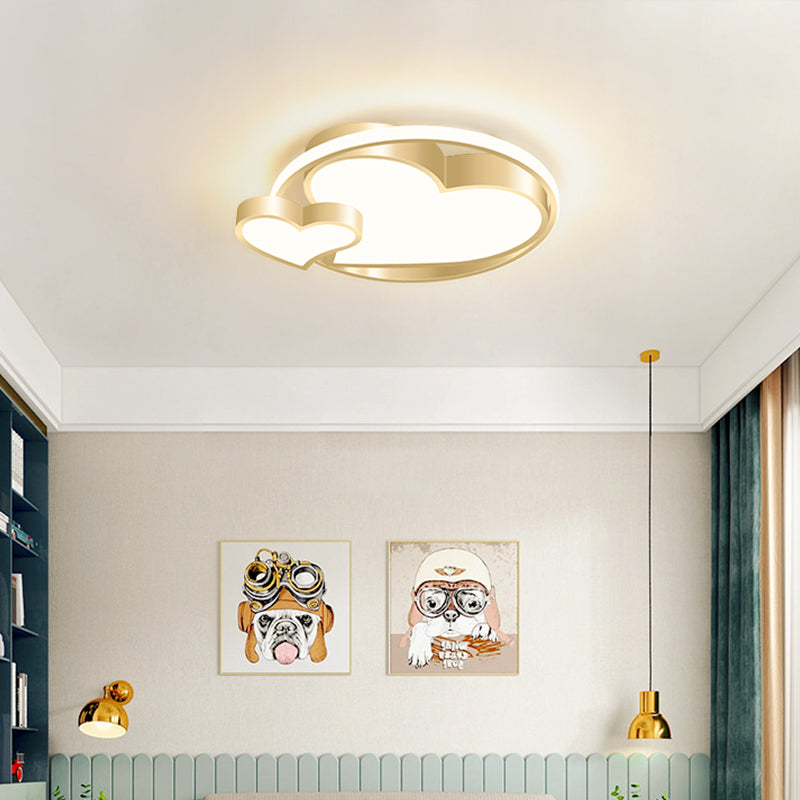 Golden Metal Flush Mount Ceiling Light with Double Heart Design for Modern Bedroom Lighting