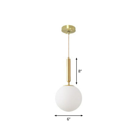 Simple Brass Pendant Light: White Glass, 1-Head, Ball Dining Room Pendulum Lighting