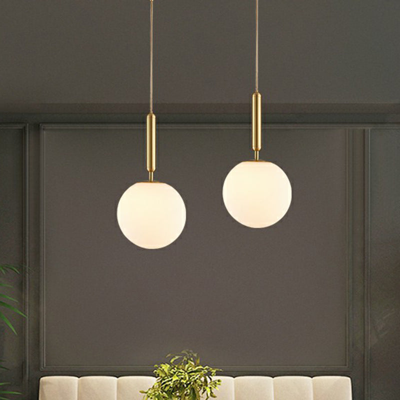 Simple Brass Pendant Light: White Glass, 1-Head, Ball Dining Room Pendulum Lighting