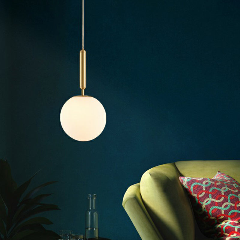 Simple Brass Pendant Light: White Glass, 1-Head, Ball Dining Room Pendulum Lighting