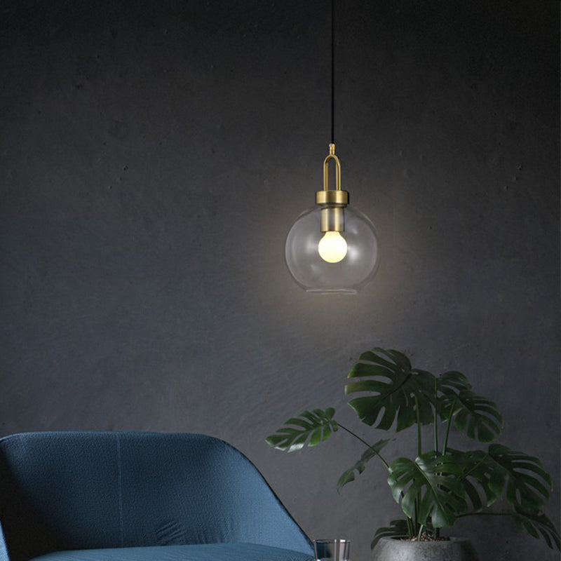Simple Glass Sphere Pendant Light - 1 Head Brass Finish - Dining Room Ceiling Lamp