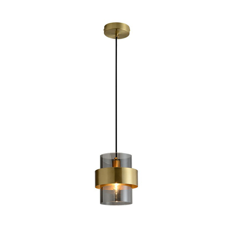 Smoke Grey Glass Cylinder Pendant Light - Brass Single Postmodern Bedroom Down Lighting