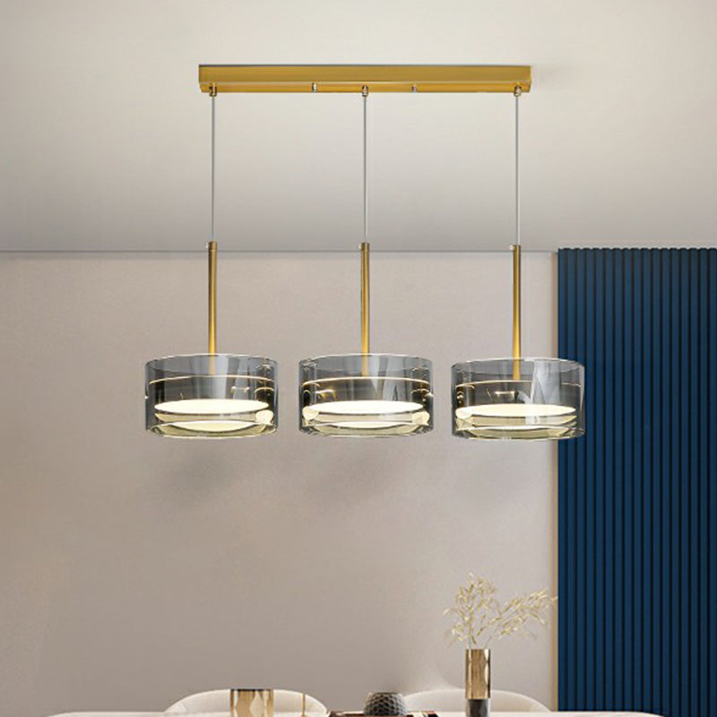Postmodern Gold Drum LED Glass Pendant Light Fixture - 3 Head Ceiling Lamp