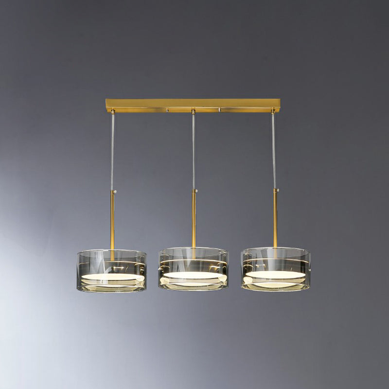 Postmodern Gold Drum LED Glass Pendant Light Fixture - 3 Head Ceiling Lamp