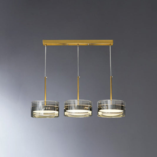 Postmodern Gold Drum LED Glass Pendant Light Fixture - 3 Head Ceiling Lamp