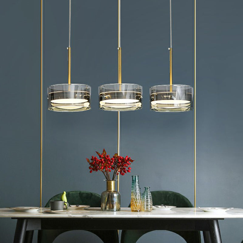 Modern Gold Drum Led Pendant Light With Glass Shades 3 Heads Ceiling Fixture