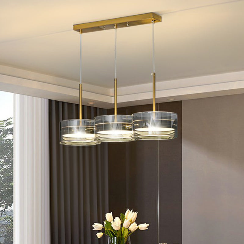 Modern Gold Drum Led Pendant Light With Glass Shades 3 Heads Ceiling Fixture