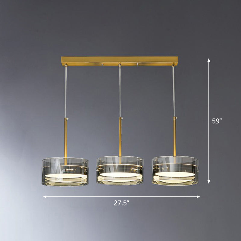 Postmodern Gold Drum LED Glass Pendant Light Fixture - 3 Head Ceiling Lamp