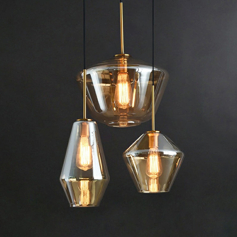 Modern Brass Pendant Light With Glass Shades - 3 Bulb Cluster Ceiling Suspension
