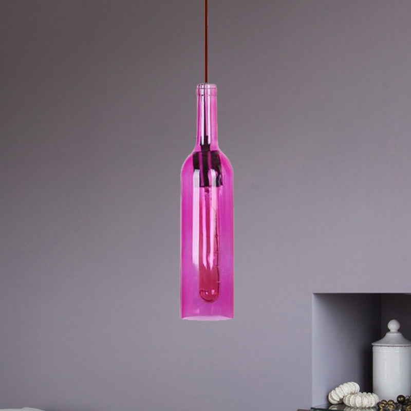 Vintage Style Glass Wine Bottle Suspension Lamp For Dining Room - Red/Yellow 1 Head Hanging Light
