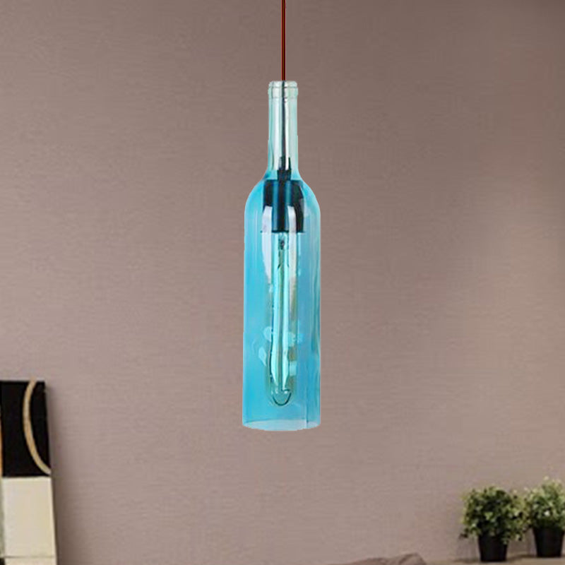 Vintage Style Glass Wine Bottle Suspension Lamp For Dining Room - Red/Yellow 1 Head Hanging Light