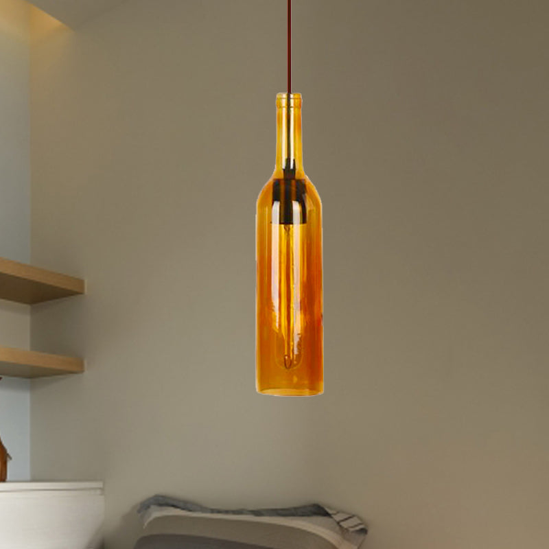 Vintage Style Glass Wine Bottle Suspension Lamp For Dining Room - Red/Yellow 1 Head Hanging Light