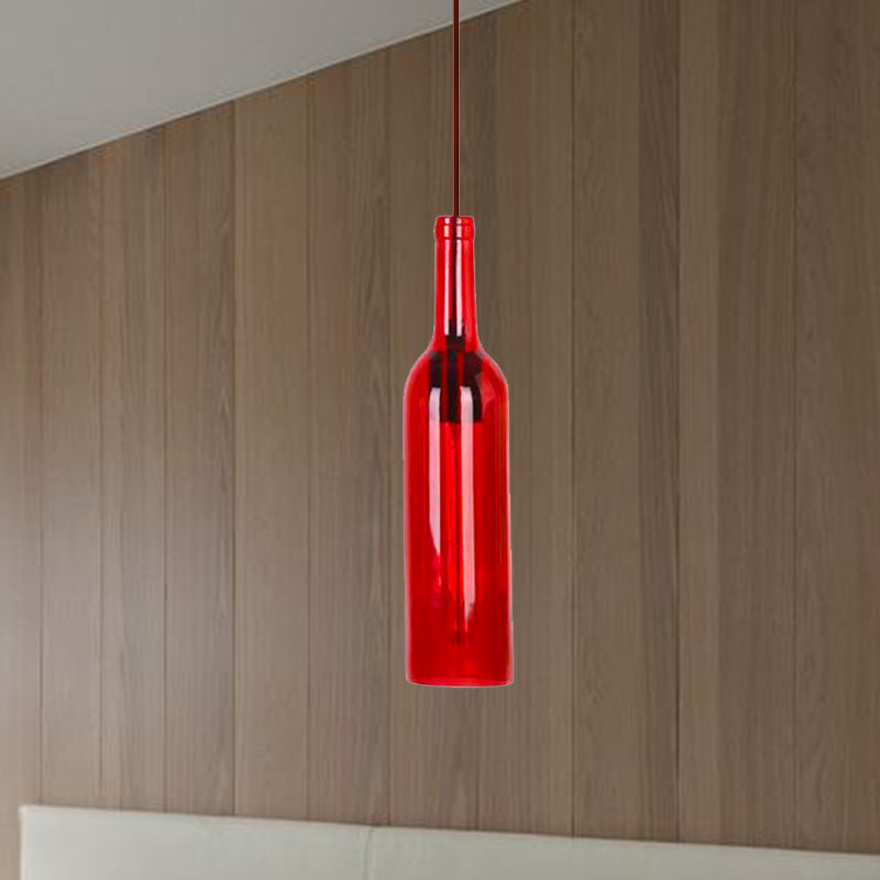 Vintage Style Glass Wine Bottle Suspension Lamp For Dining Room - Red/Yellow 1 Head Hanging Light