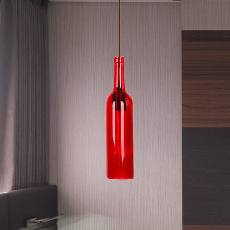 Vintage Style Glass Wine Bottle Suspension Lamp For Dining Room - Red/Yellow 1 Head Hanging Light