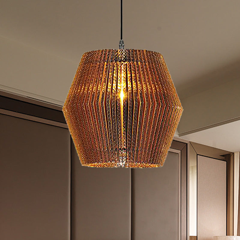 Stylish Asian Restaurant Pendant Light Fixture - Brown Hanging Lamp With Corrugated Paper