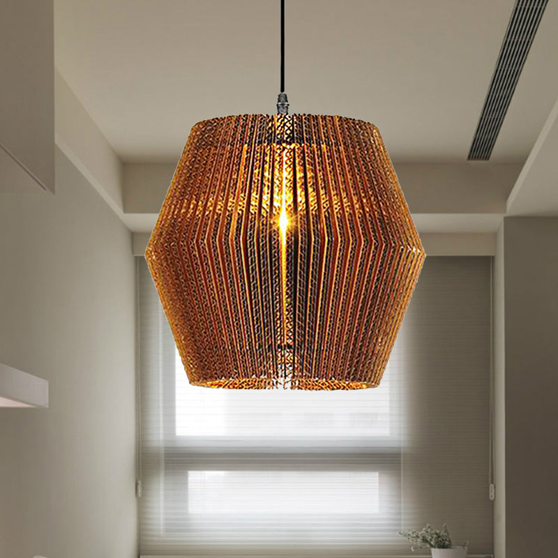 Stylish Asian Restaurant Pendant Light Fixture - Brown Hanging Lamp With Corrugated Paper