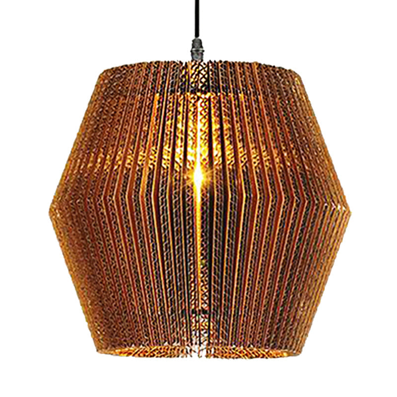 Stylish Asian Restaurant Pendant Light Fixture - Brown Hanging Lamp With Corrugated Paper