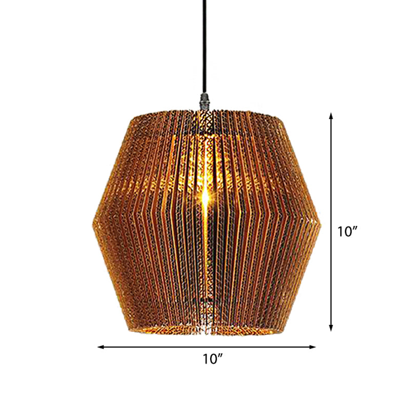 Stylish Asian Restaurant Pendant Light Fixture - Brown Hanging Lamp With Corrugated Paper