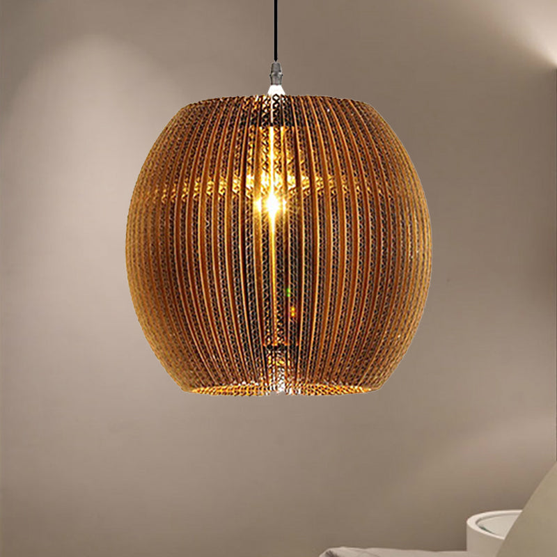 Stylish Asian Restaurant Pendant Light Fixture - Brown Hanging Lamp With Corrugated Paper