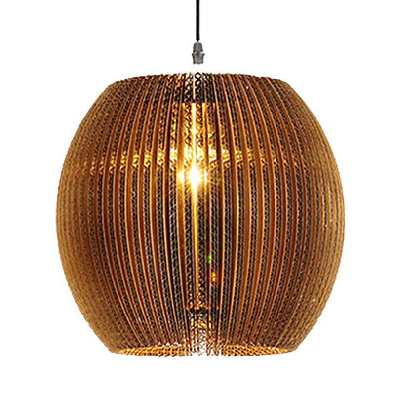 Stylish Asian Restaurant Pendant Light Fixture - Brown Hanging Lamp With Corrugated Paper