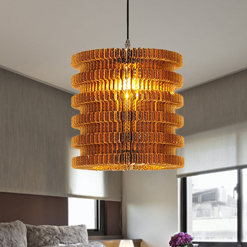 Stylish Asian Restaurant Pendant Light Fixture - Brown Hanging Lamp With Corrugated Paper