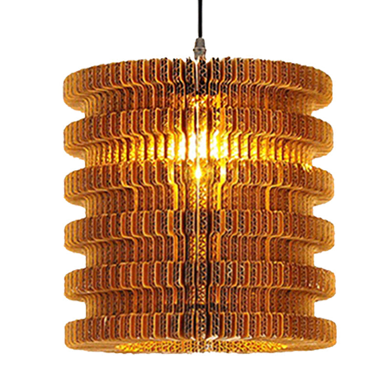 Stylish Asian Restaurant Pendant Light Fixture - Brown Hanging Lamp With Corrugated Paper