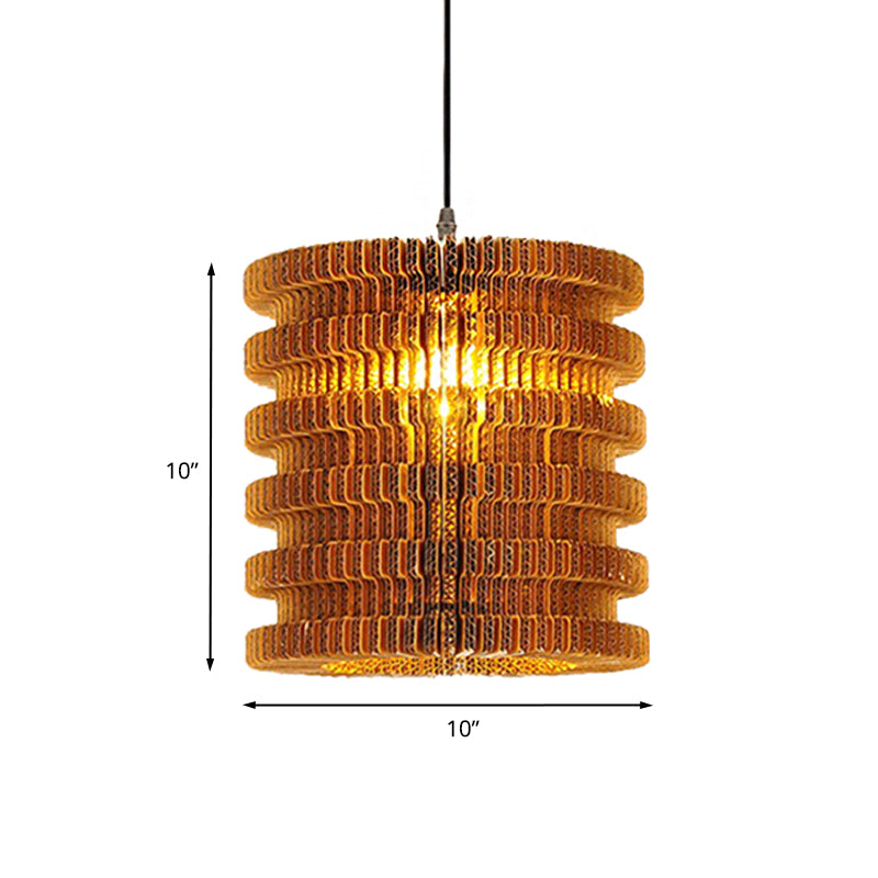 Stylish Asian Restaurant Pendant Light Fixture - Brown Hanging Lamp With Corrugated Paper