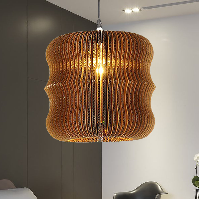 Stylish Asian Restaurant Pendant Light Fixture - Brown Hanging Lamp With Corrugated Paper