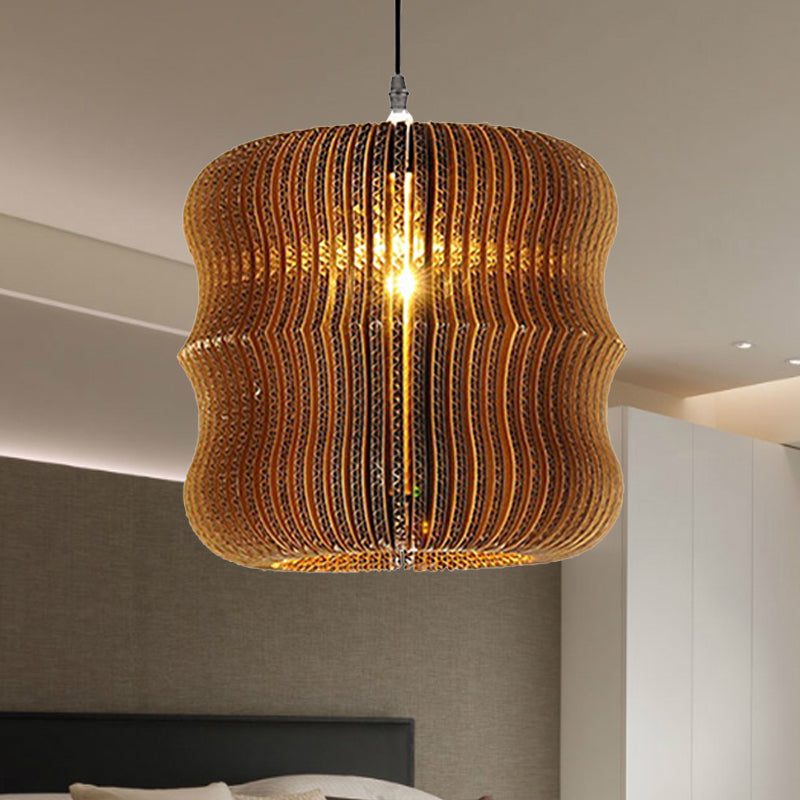 Stylish Asian Restaurant Pendant Light Fixture - Brown Hanging Lamp With Corrugated Paper
