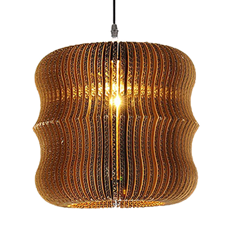 Stylish Asian Restaurant Pendant Light Fixture - Brown Hanging Lamp With Corrugated Paper