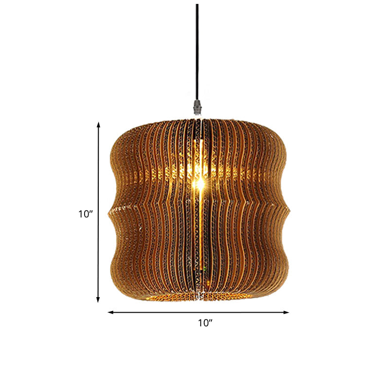 Stylish Asian Restaurant Pendant Light: 1-Light Hanging Lamp with Corrugated Paper Shade in Brown