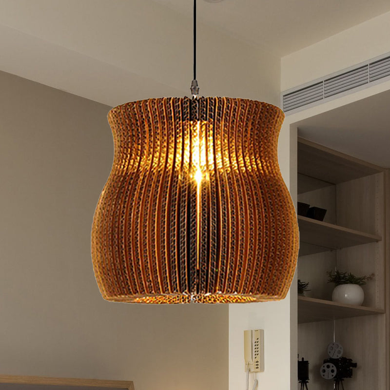 Stylish Asian Restaurant Pendant Light: 1-Light Hanging Lamp with Corrugated Paper Shade in Brown