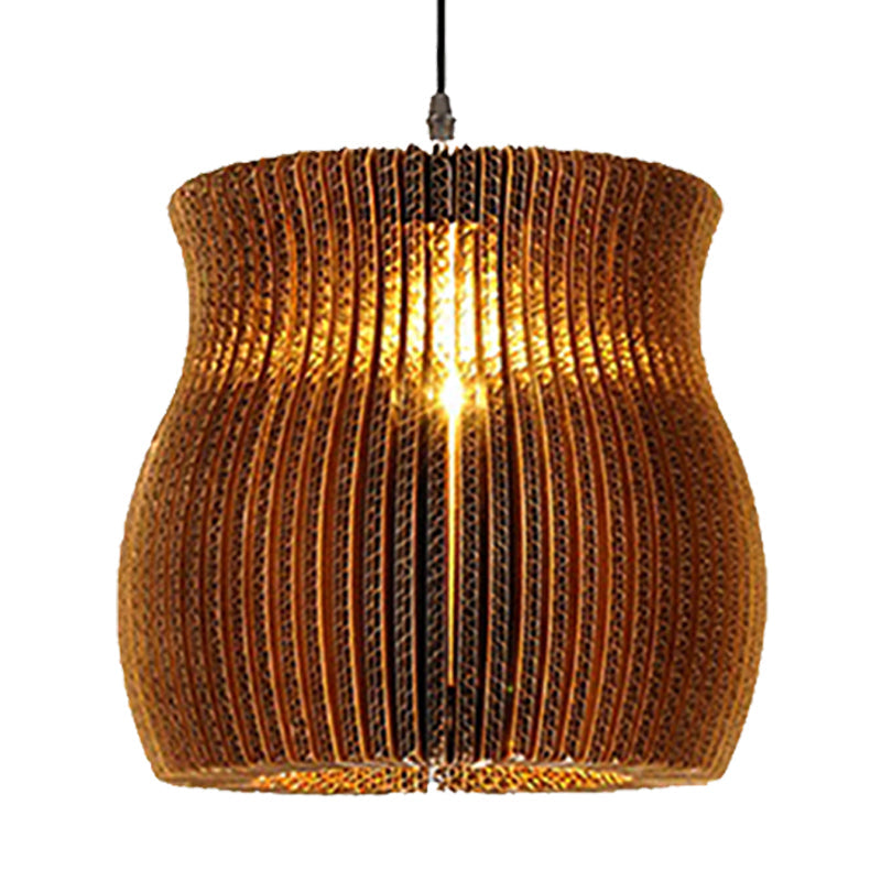Stylish Asian Restaurant Pendant Light: 1-Light Hanging Lamp with Corrugated Paper Shade in Brown