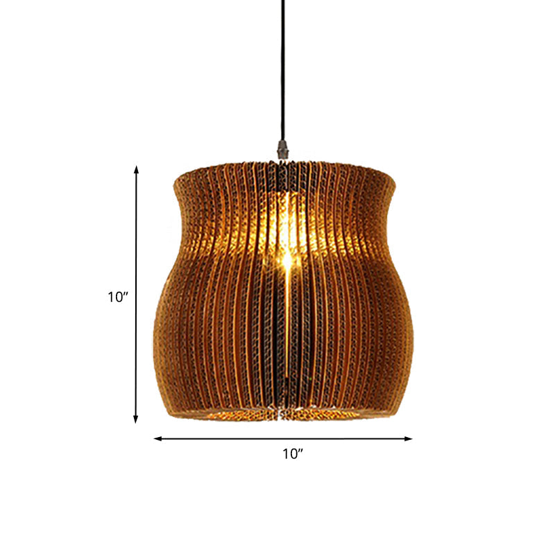 Stylish Asian Restaurant Pendant Light Fixture - Brown Hanging Lamp With Corrugated Paper